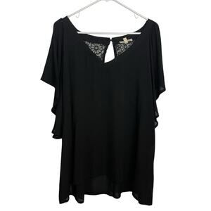 Loralette‎ Tunic Top Blouse Womens 1X Gray V Neck Lace Back Flutter Sleeve Flowy